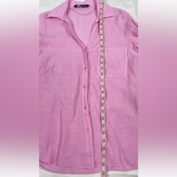 Zara Womens Small 100% Linen Pink Gold Long Sleeve Button Up Shirt Summer Beach - Picture 12 of 16